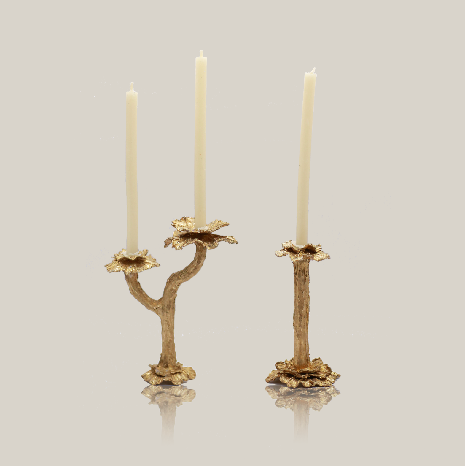 2 sets of beeswax carved and cast into mini brass candlestick holders product shot