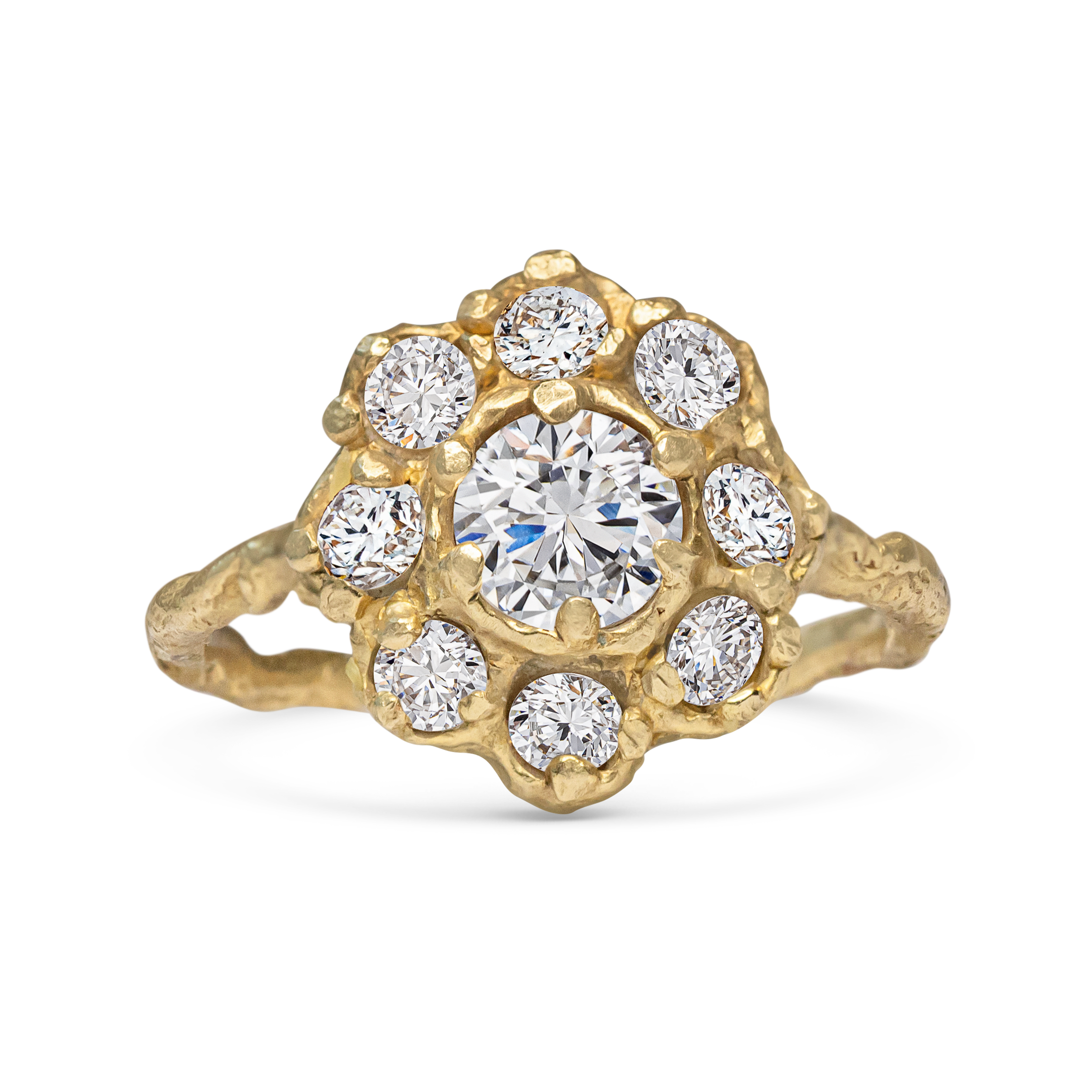 Gold ring with a central diamond and smaller diamonds on a white background