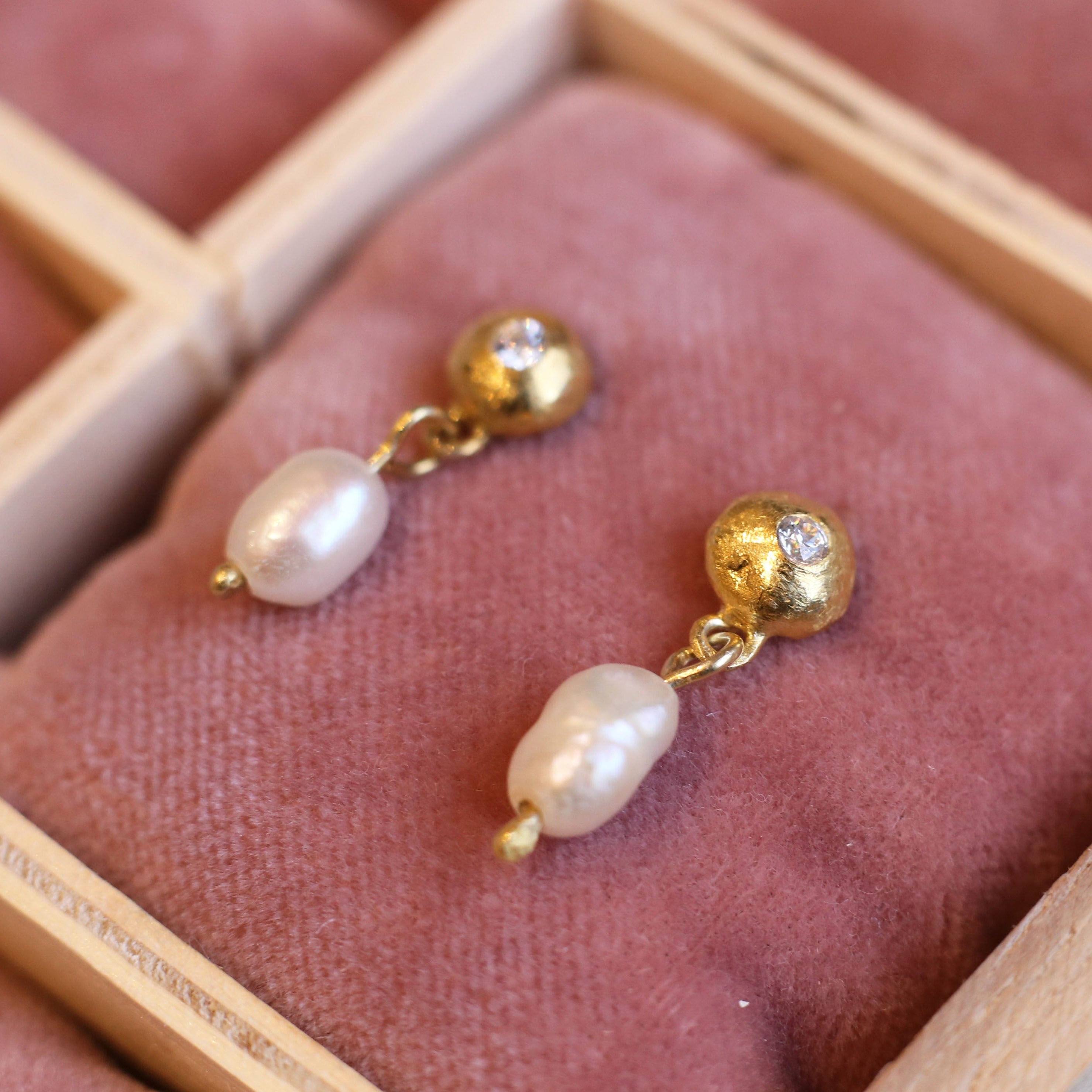 gold plated sterling silver pearl drop earrings, set with cz stones and fresh water pearl drops
