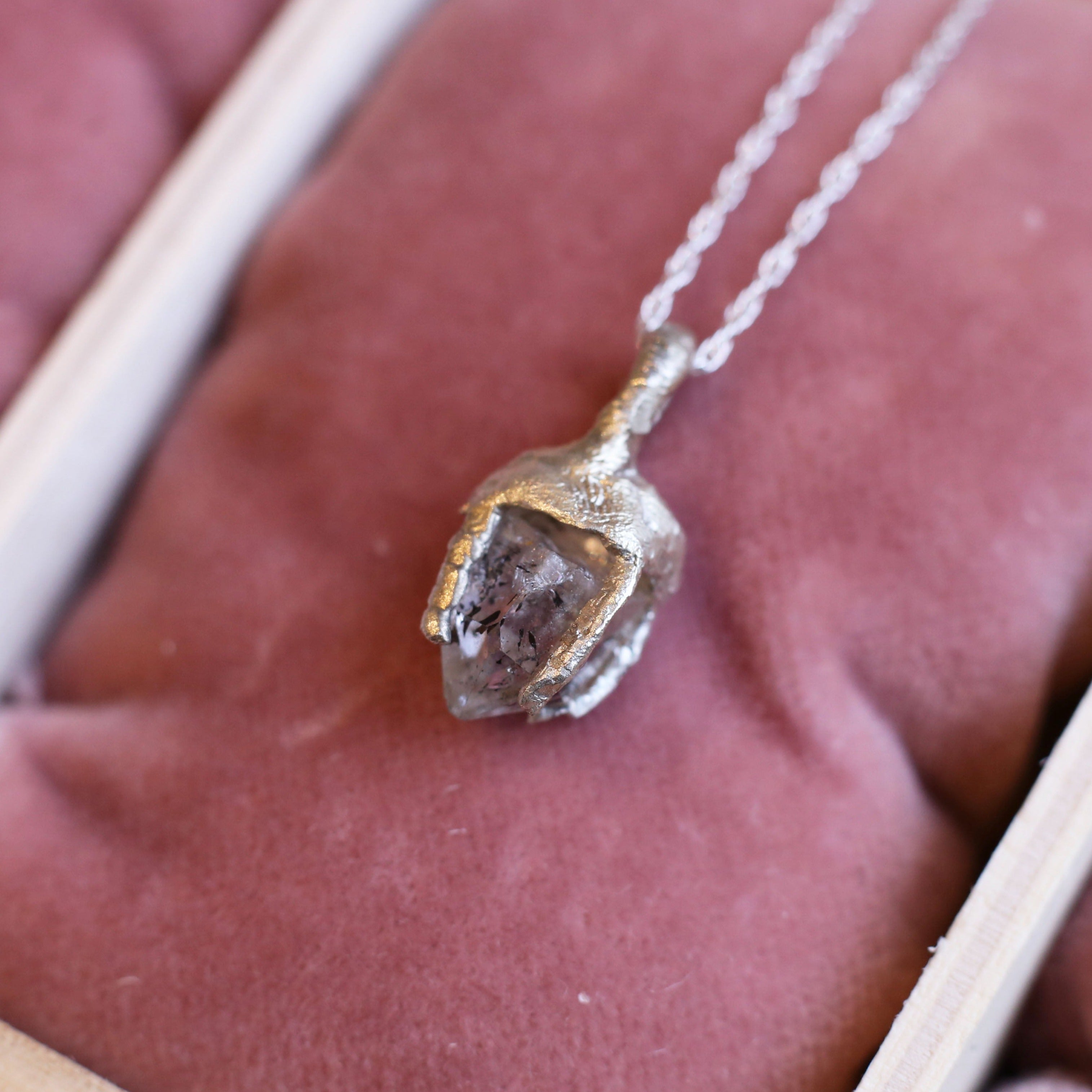 Sterling Silver Pendant Necklace set with raw herkimer diamond