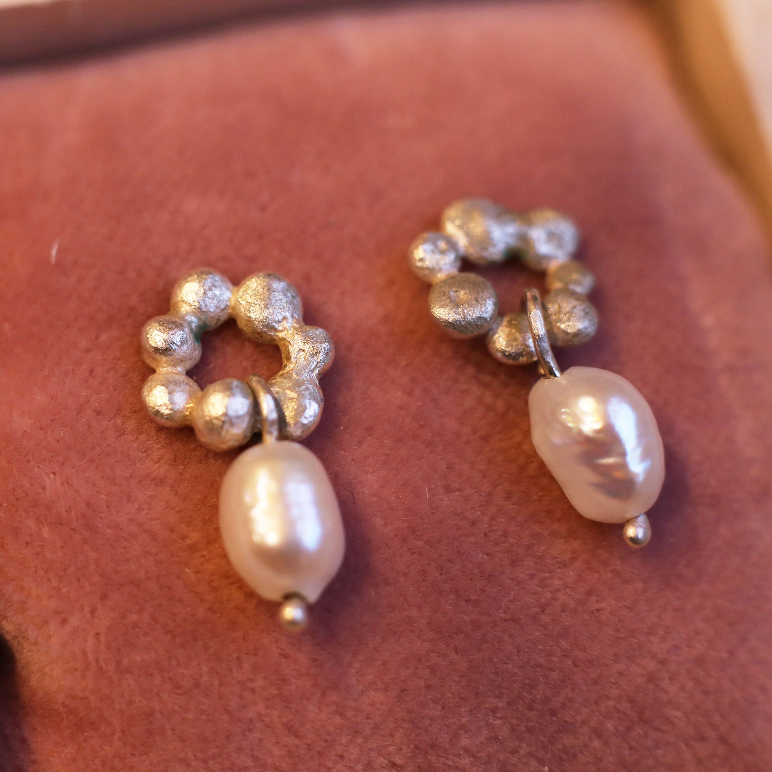 Sterling Silver pearl drop earrings, organic textures