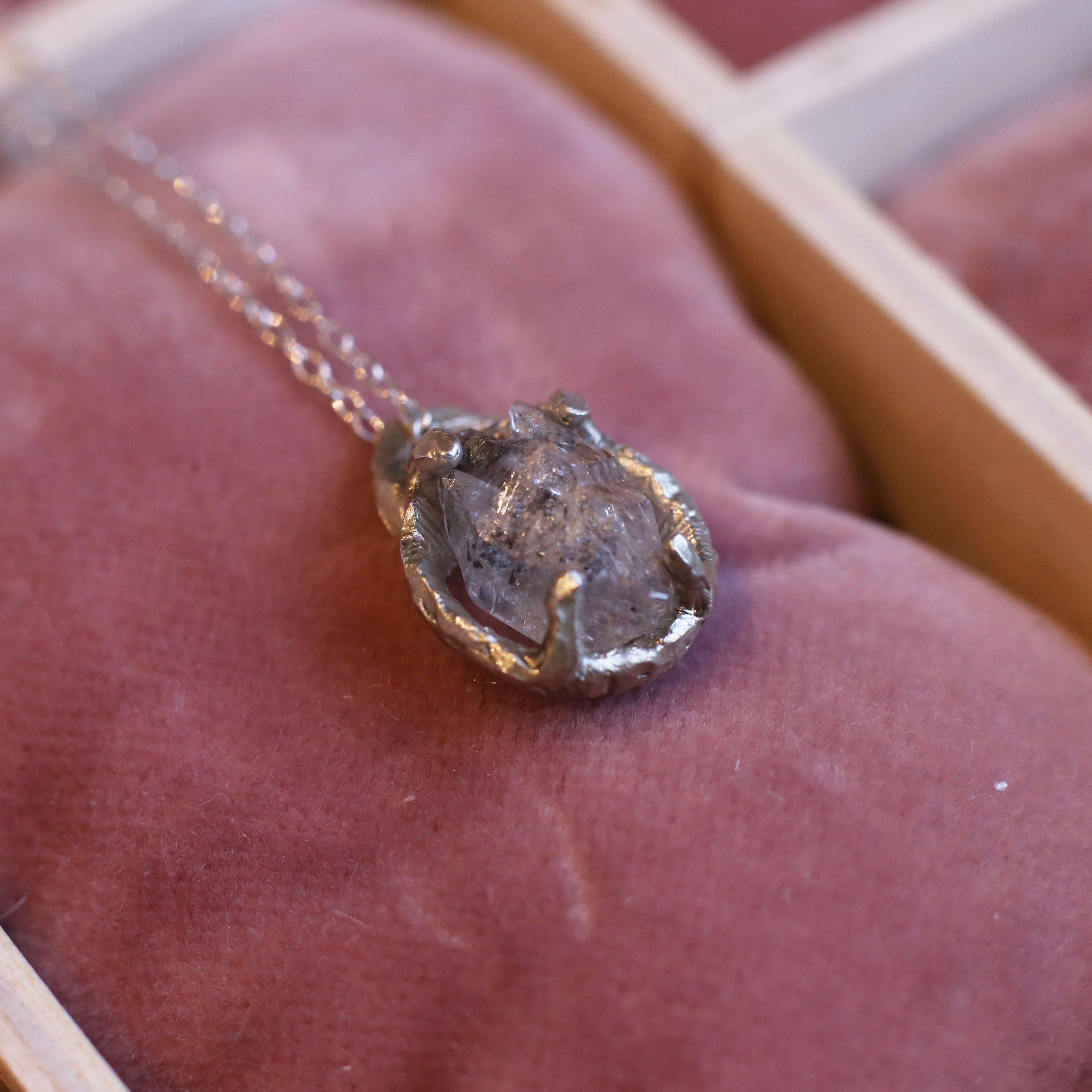sterling silver organic setting pendant necklace, set with beautiful raw herkimer diamond