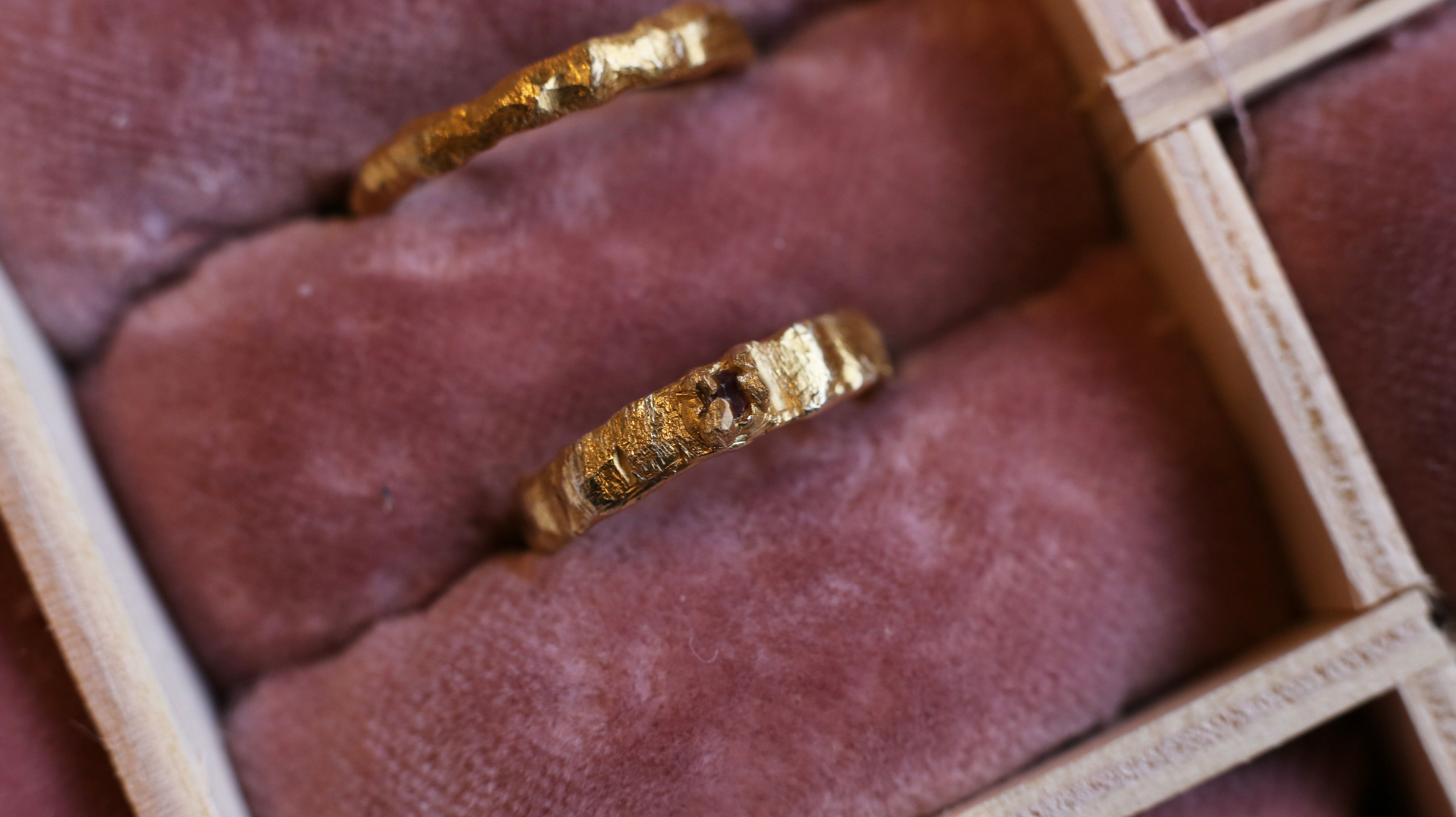 Gold Plated sterling silver ring, set with a pink tourmaline in an organic finish band