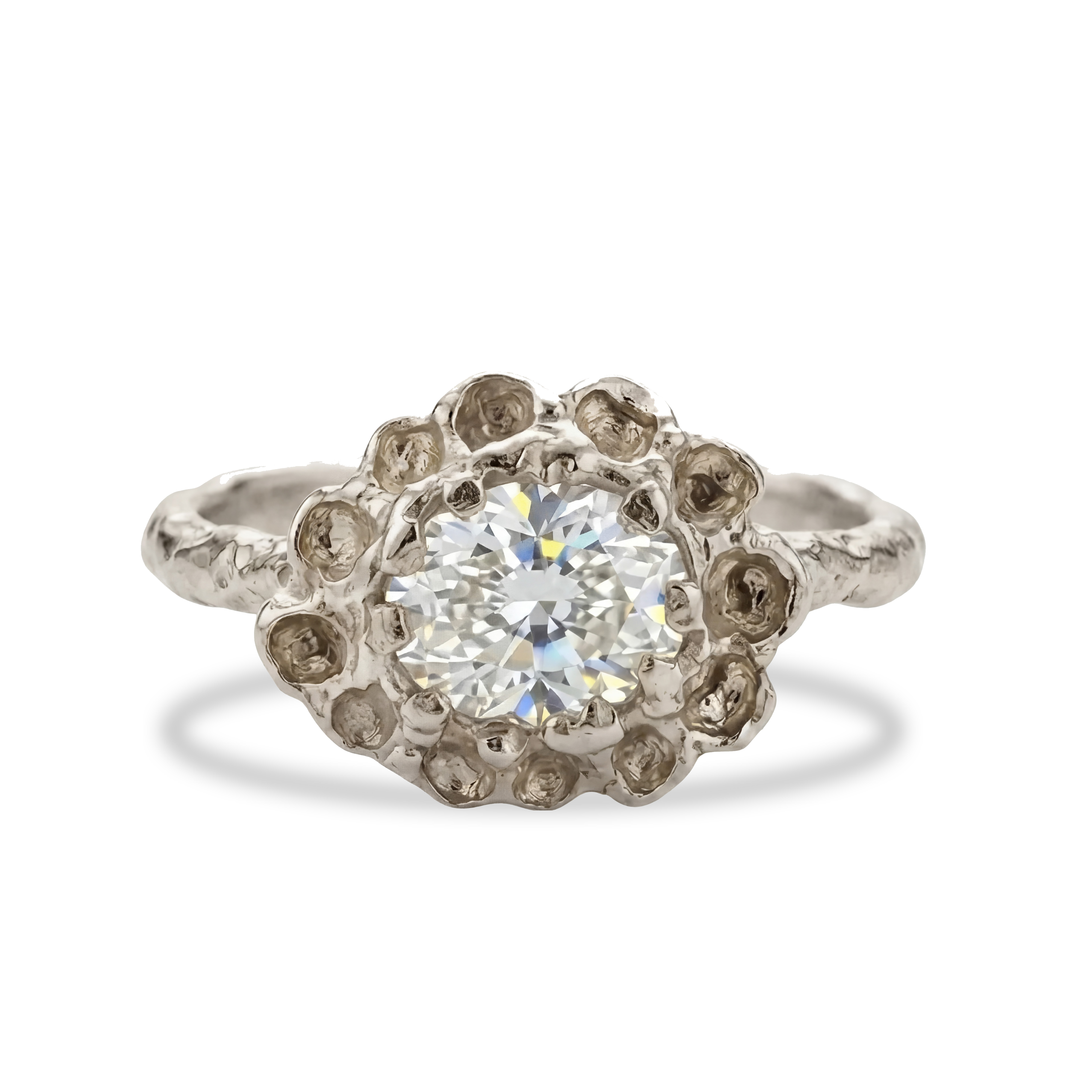 Diamond ring with a halo of smaller diamonds on a white background