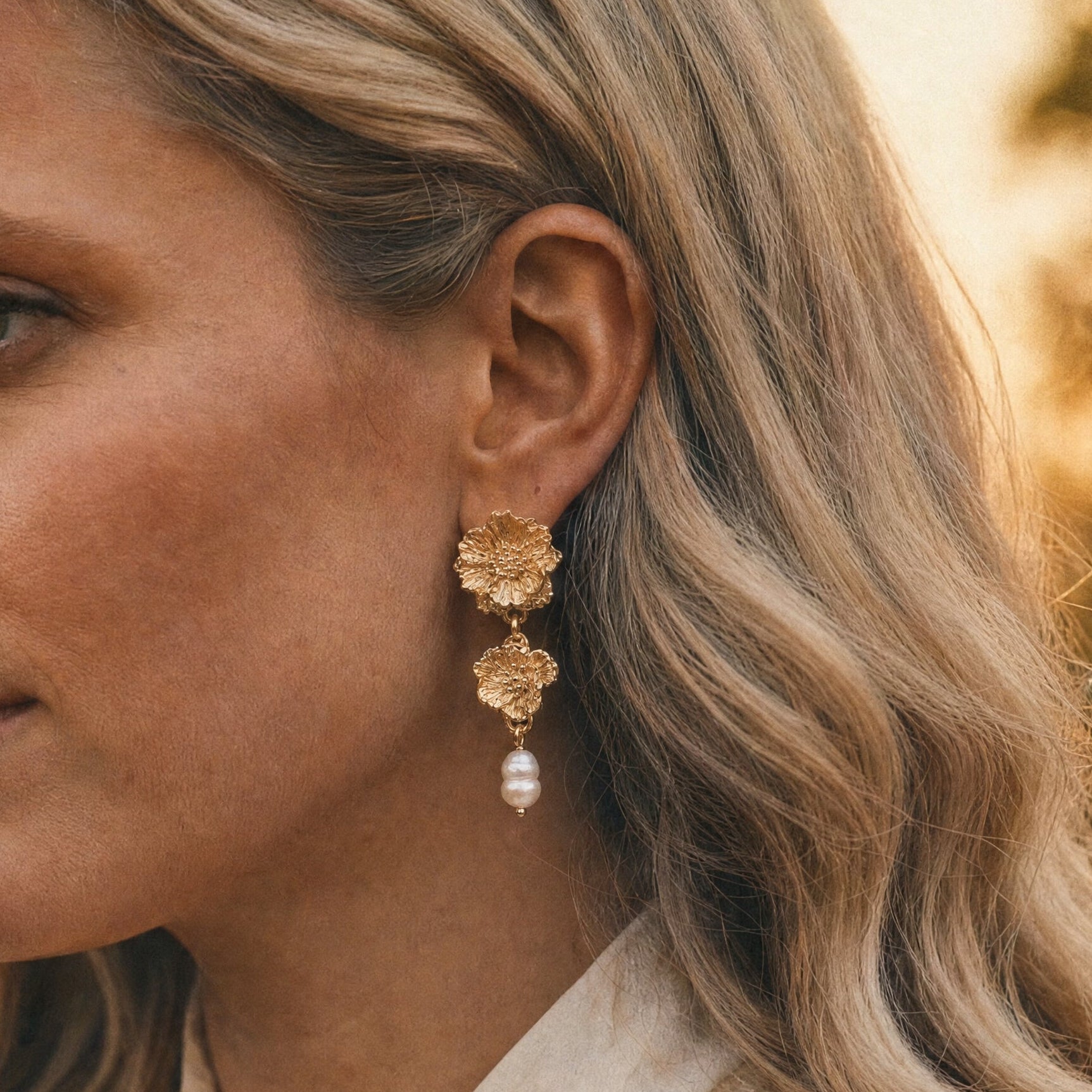 Anthemis Pearl Cascades – Floral Earrings in Sterling Silver & Gold Vermeil