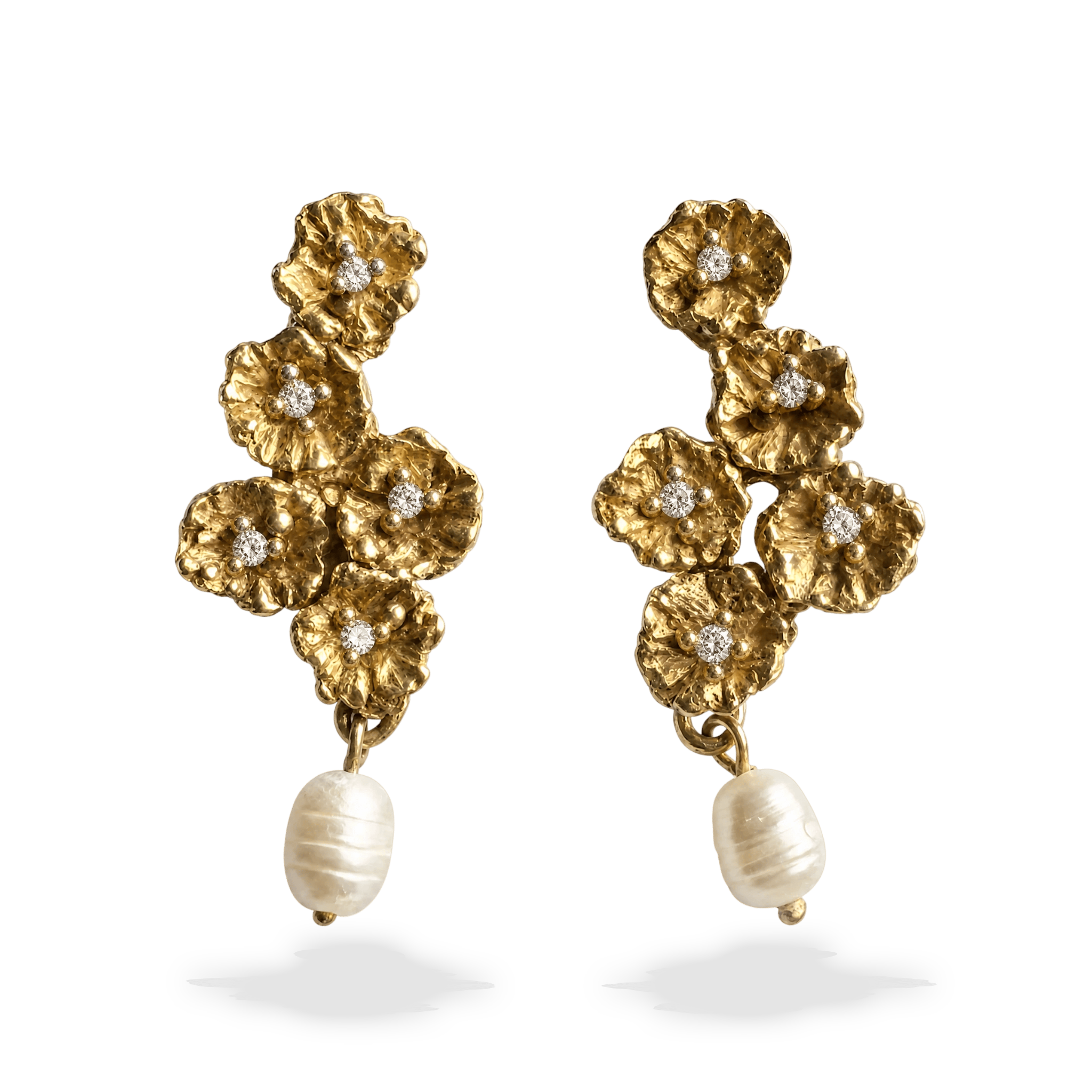 Forget-Me-Not Bloom Pearl Drop Earrings - Set With Diamonds