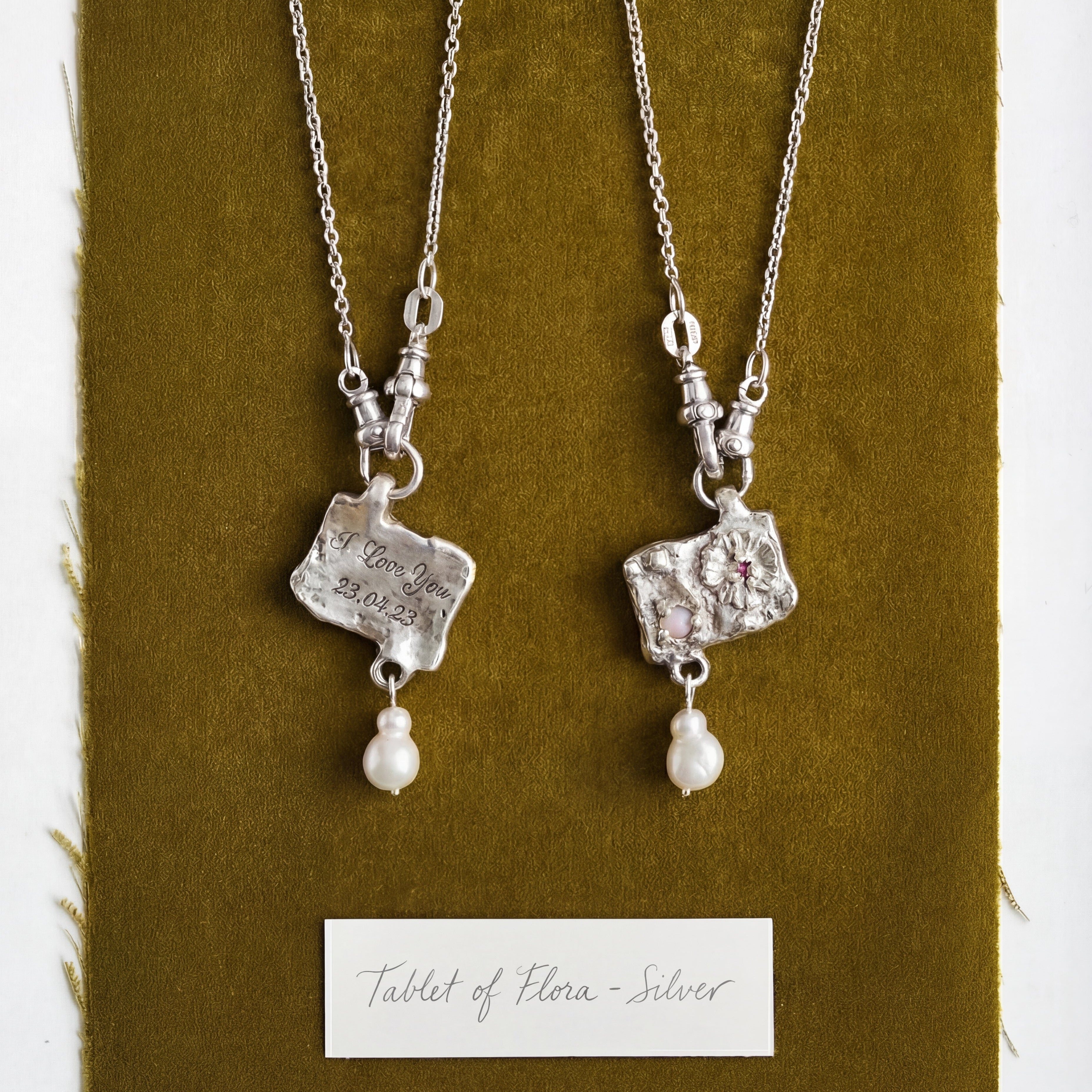 Tablet of Flora Necklace - Engravable Botanical Pendant in Sterling Silver & Gold Vermeil