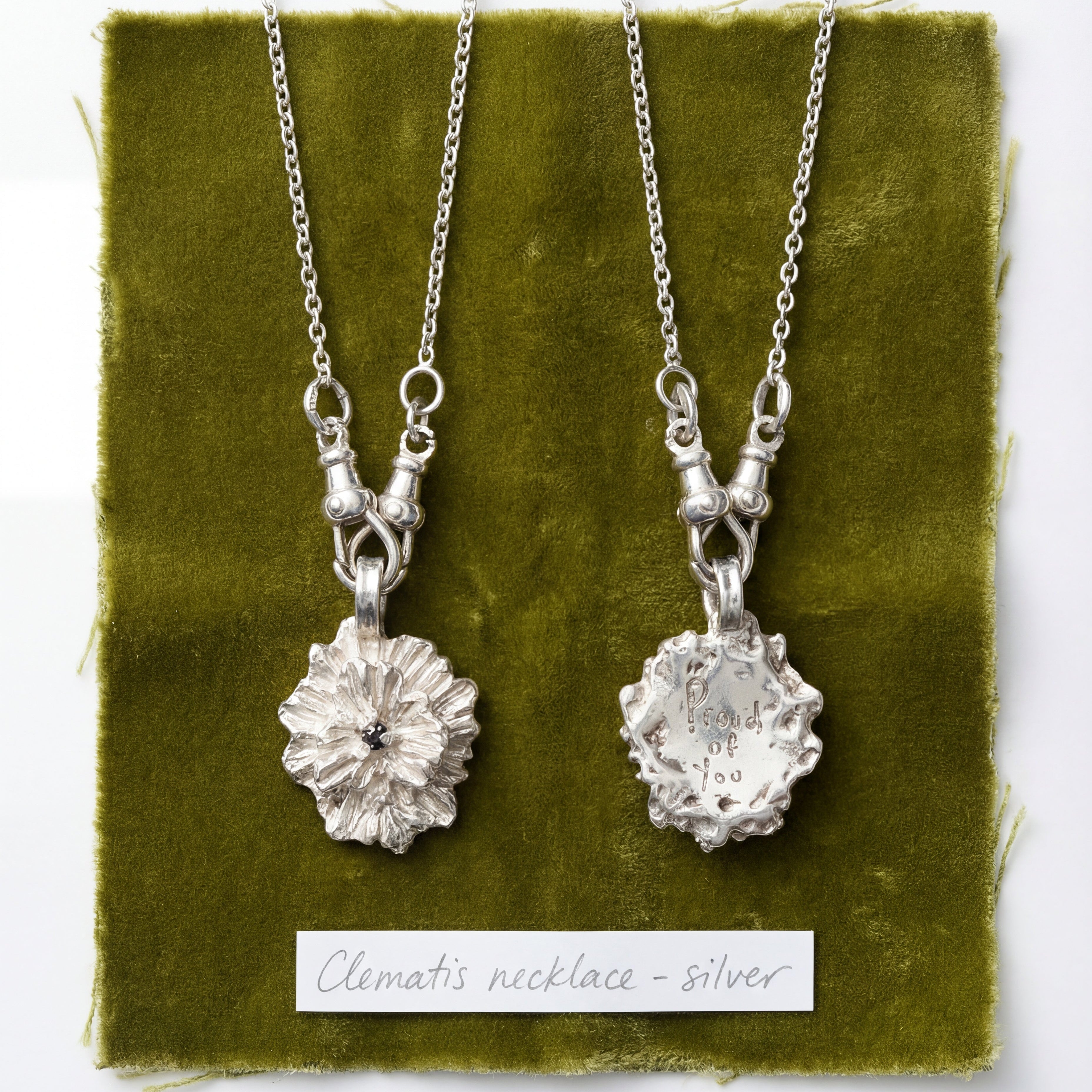 Clematis Necklace - Engravable Floral Pendant in Sterling Silver & Gold Vermeil