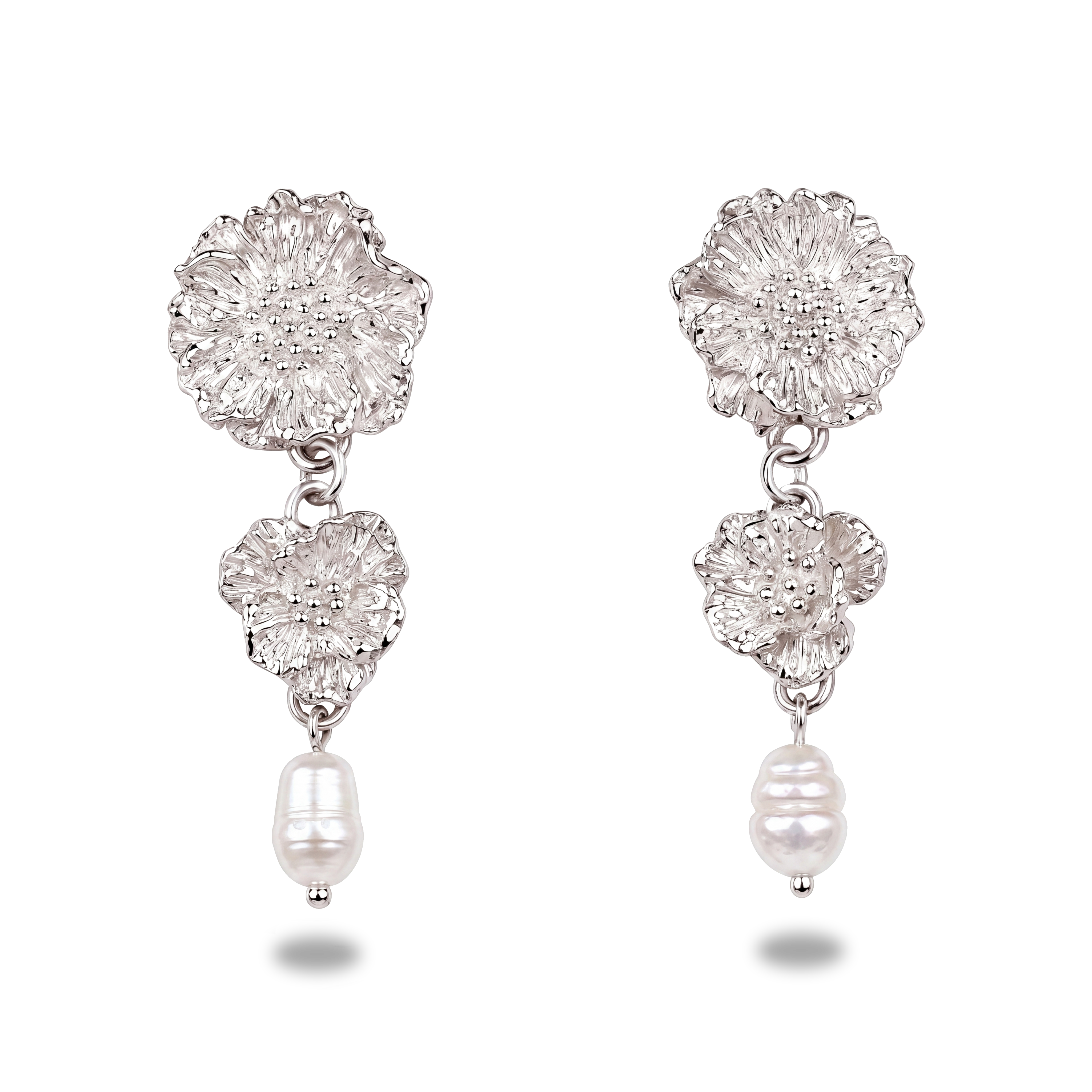 Anthemis Pearl Cascades – Floral Earrings in Sterling Silver & Gold Vermeil