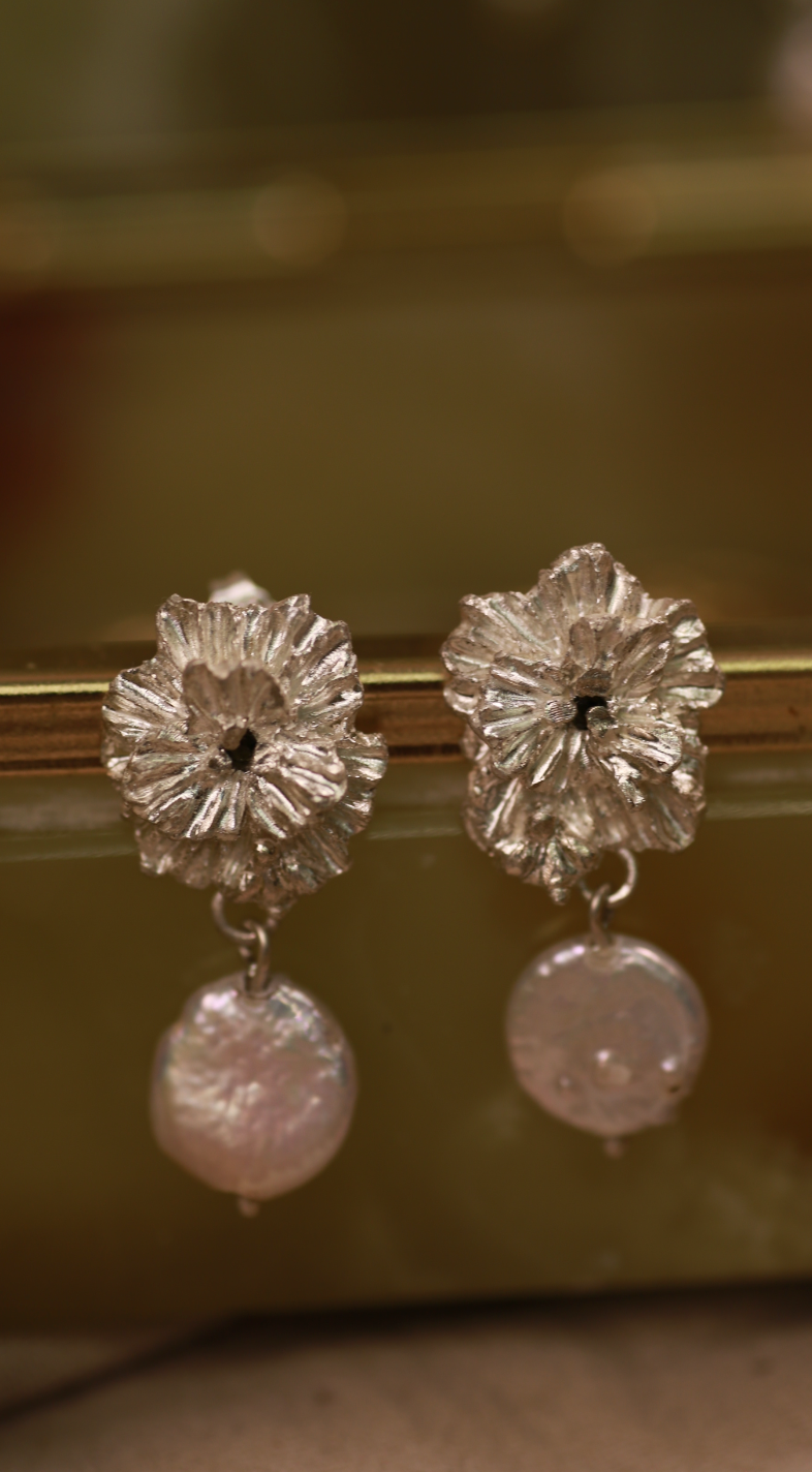  the clematis II earrings sterling silver lifestyle shot on jewellery box