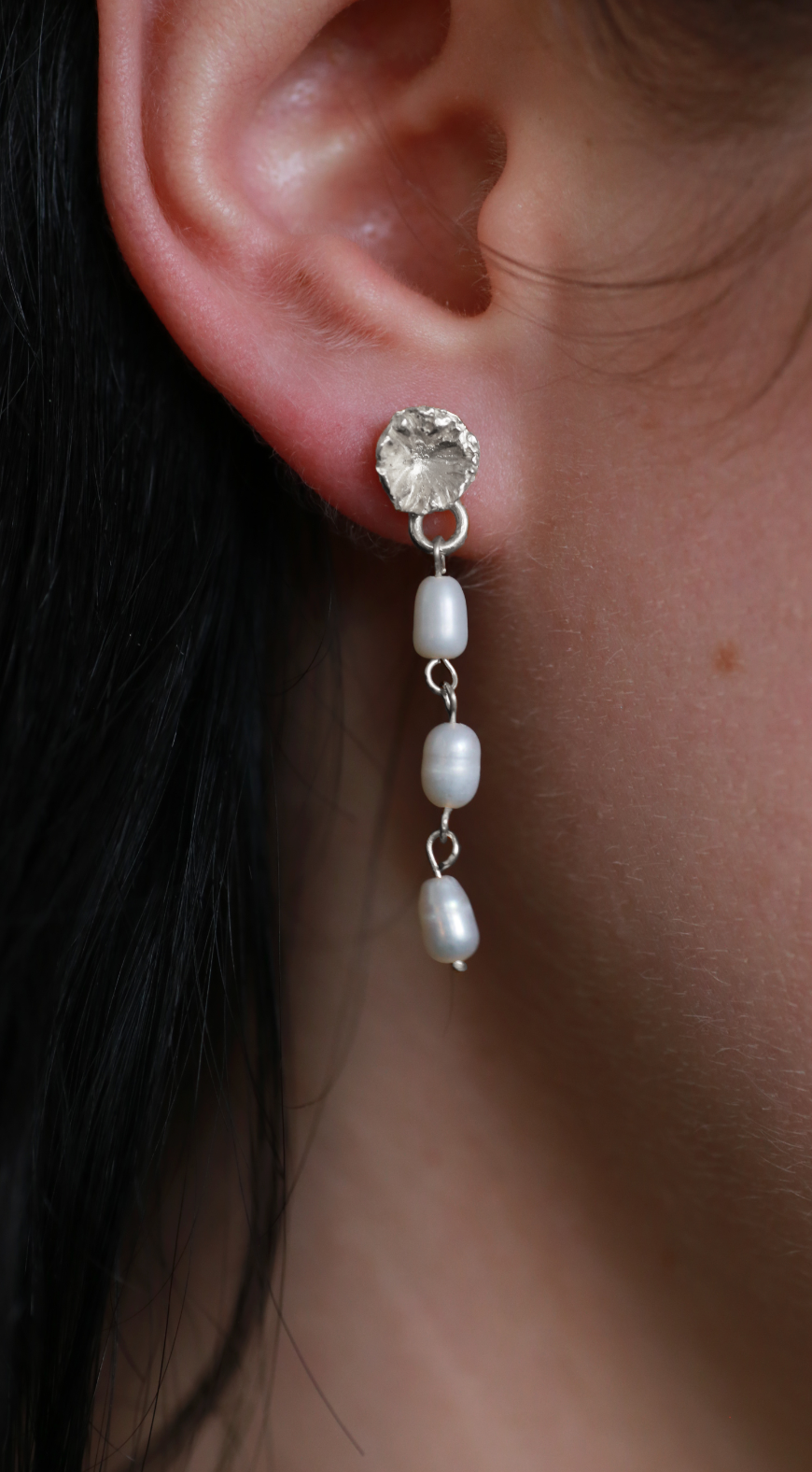 the forget me not dangly earrings Sterling silver model shot