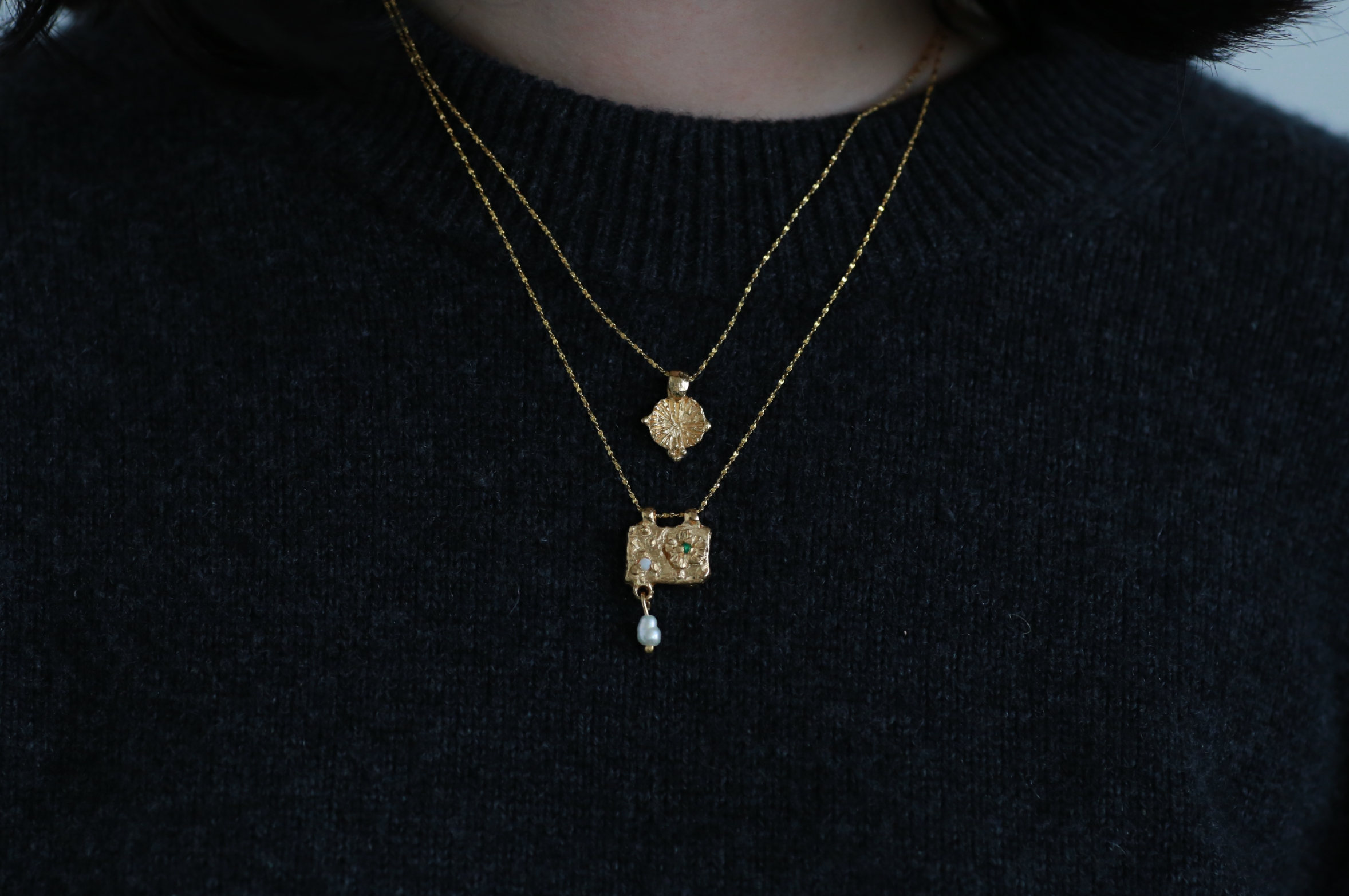 the tablet of flora necklace and forget me not amulet gold vermeil stacking set model shot