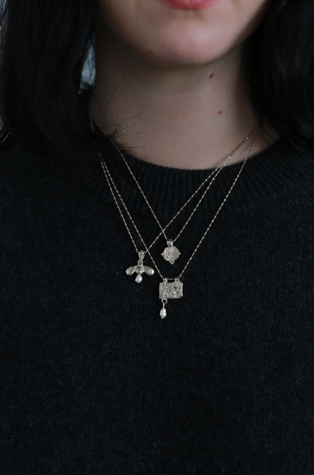 trio of stacking necklaces sterling silver model shot